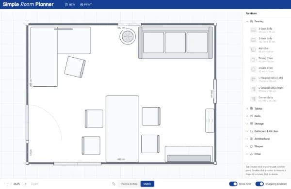 Screenshot of the Simple Room Planner editor showing a furnished room layout